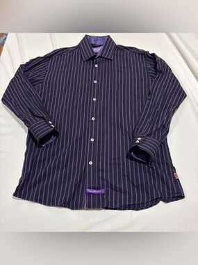 English Laundry Button Front Shirt Flip Cuffs Long Black Purple 16 1/2 32/33